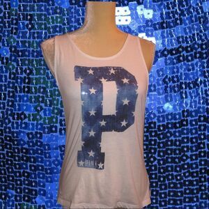 Pink brand white backless tank with logo on front